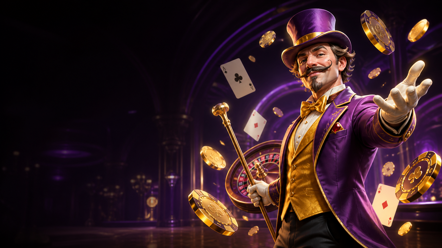 Host del casinò in un ambiente viola e oro